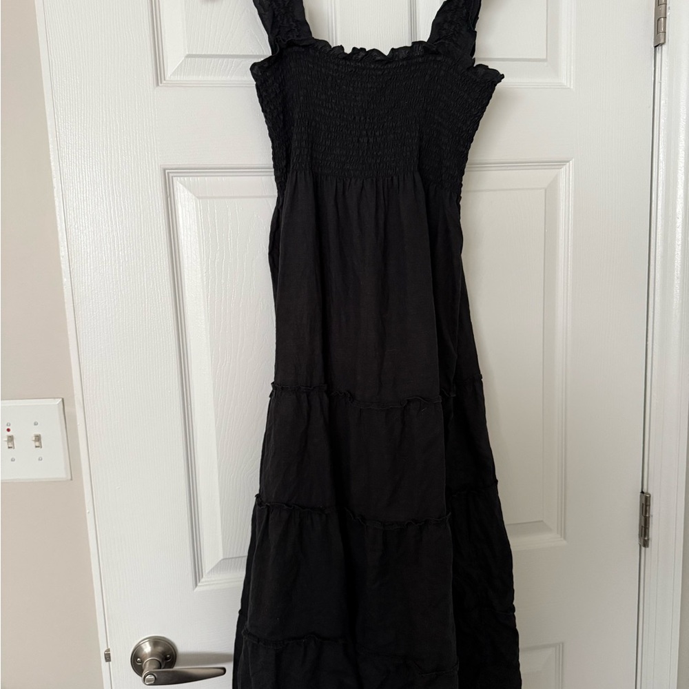 Quince European Linen Smocked Midi Dress in black